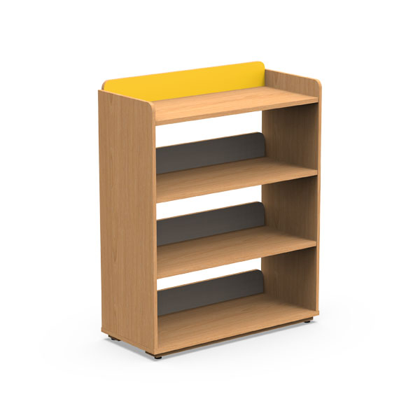 Estante infantil em tom de madeira clara, com prateleiras horizontais e remate superior amarelo.