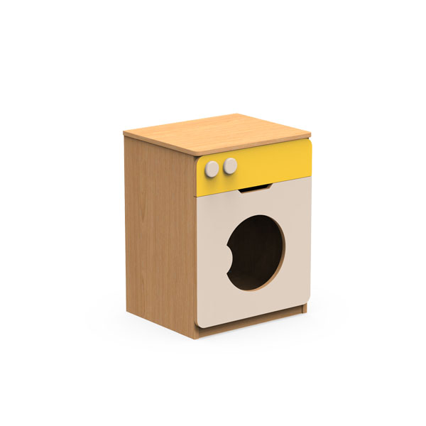 Máquina de lavar de brincar, com porta circular e painel de comandos amarelo.