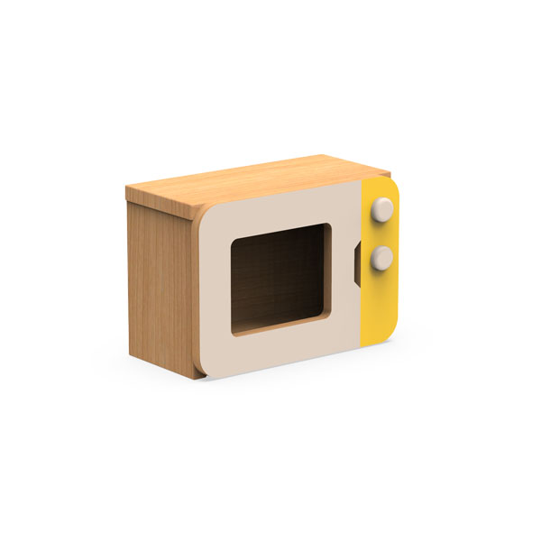 Micro-ondas de brincar em tom de madeira clara, com porta frontal e painel lateral amarelo.