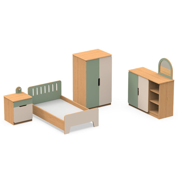 Conjunto de quarto infantil com cama, mesa de cabeceira, roupeiro e cómoda com espelho, com apontamentos verdes.