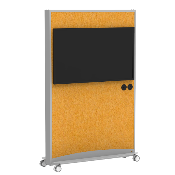 Painel amarelo texturado com rodas e ecrã preto na parte superior.