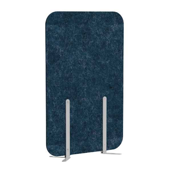 Painel divisório azul-escuro, com cantos arredondados e pés metálicos fixos.