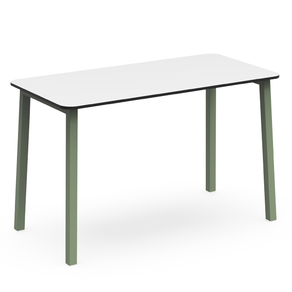 Mesa PURE com tampo rectangular branco e quatro pernas verdes.