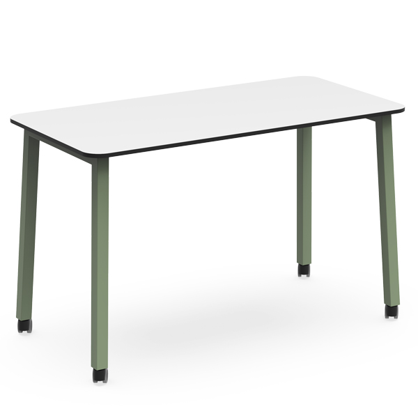Mesa PURE com tampo rectangular branco e quatro pernas verdes, com rodas.
