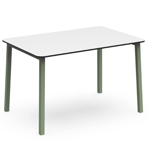 Mesa PURE com tampo rectangular branco e quatro pernas verdes.