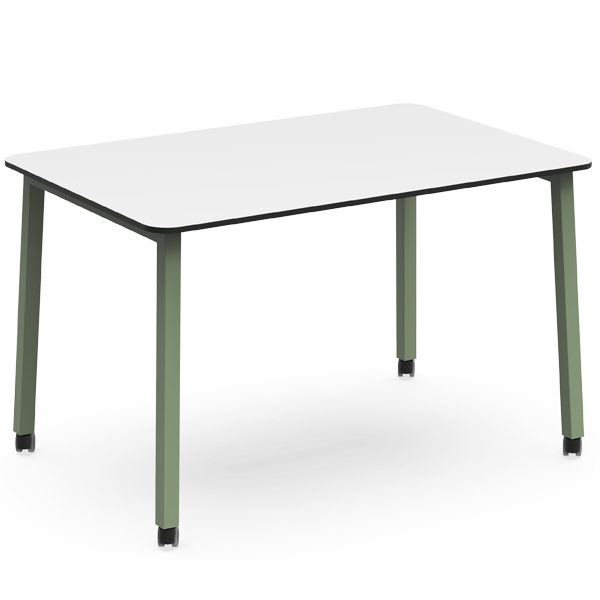 Mesa PURE com tampo rectangular branco e quatro pernas verdes, com rodas.