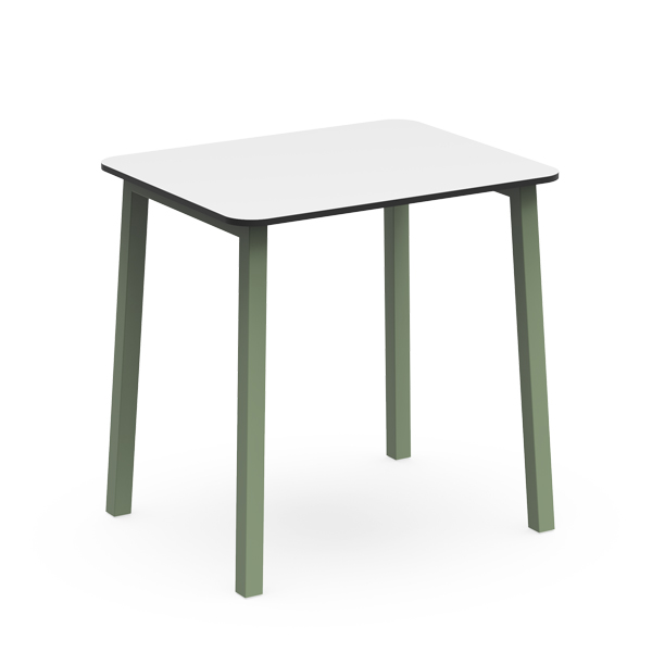Mesa PURE com tampo rectangular branco e quatro pernas verdes.