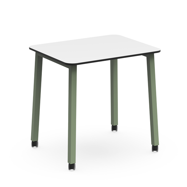 Mesa PURE com tampo rectangular branco e quatro pernas verdes, com rodas.