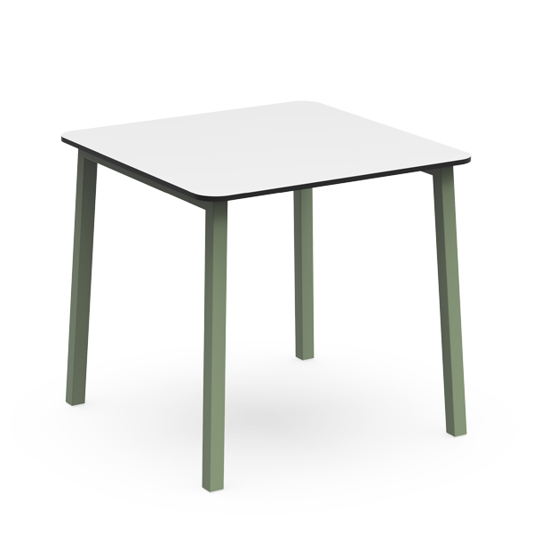 Mesa PURE com tampo quadrado branco e quatro pernas verdes.